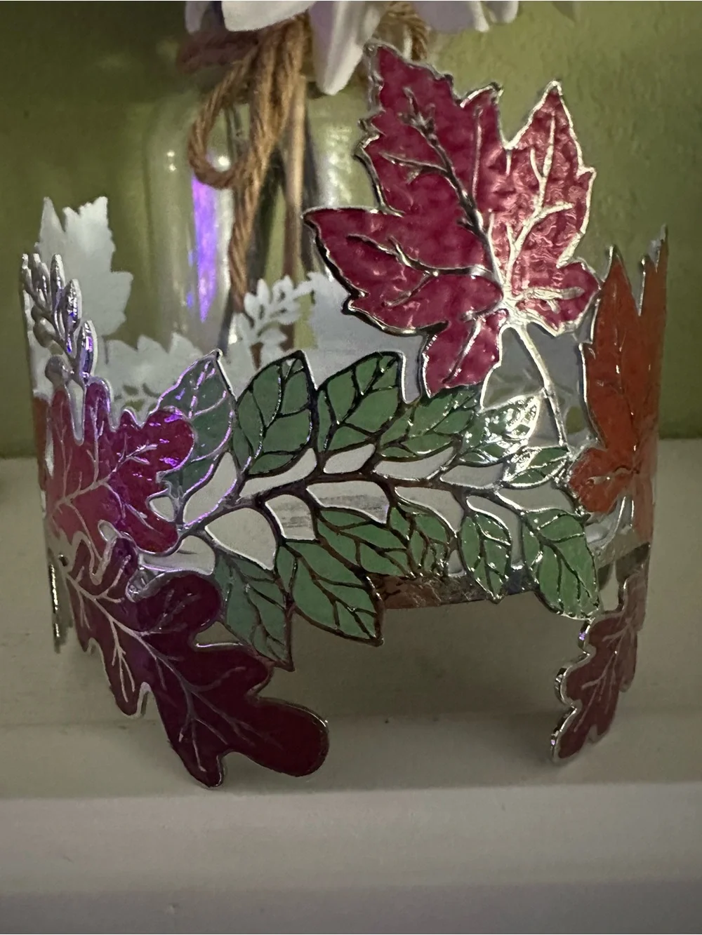Decorative Fall Leaf  Candle Sleeve - Green, Red, Orange for 3 Wick